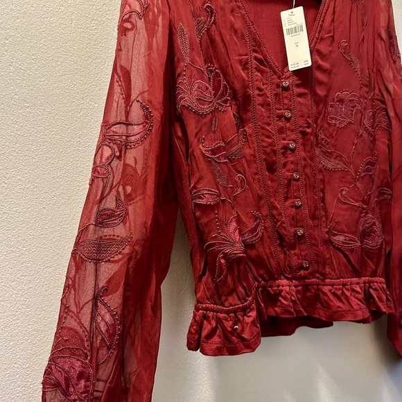 NWT Anthropologie Deep Red Embroidered Button Down Top - Picture 4 of 9